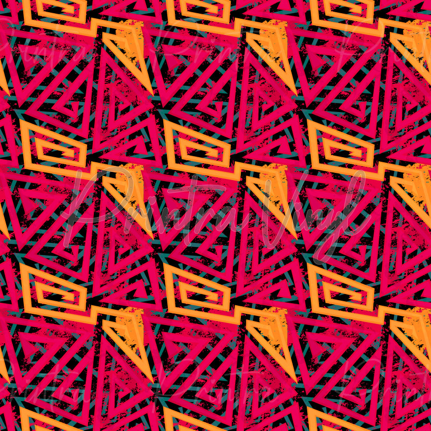 A-MAZE-ING #03 patterned vinyl featuring neon pink and orange geometric maze-inspired triangles on a black grunge background.