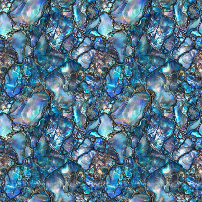 Abalone Shell #04 patterned vinyl featuring an intricate mosaic of iridescent abalone shell fragments in shimmering shades of aqua, turquoise, cobalt blue, silver, and pearl, accented with natural shell textures and metallic vein details.