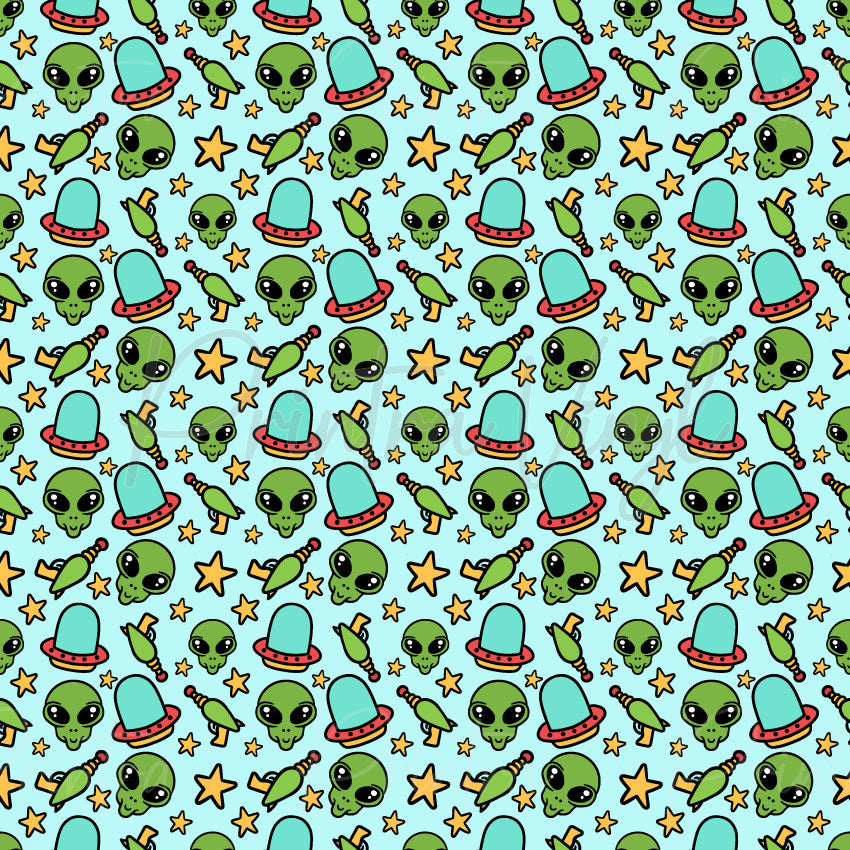 Alien Zaps patterned vinyl featuring cute green alien heads, retro flying saucers, vintage ray guns, and scattered golden stars on a light blue background for a fun space-themed design.