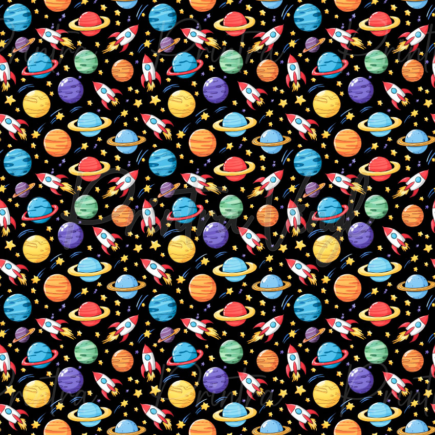 Astroblast patterned vinyl featuring colourful rockets, ringed planets, stars, and celestial elements scattered across a black galaxy background in vibrant blue, orange, yellow, purple, green, and red tones.