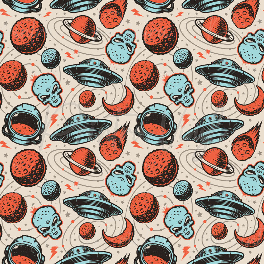 Astroverse patterned vinyl featuring retro sci-fi illustrations of UFOs, alien heads, astronaut helmets, ringed planets, meteors, moons, and cosmic symbols in bold coral orange and aqua blue tones on a light space-inspired background.