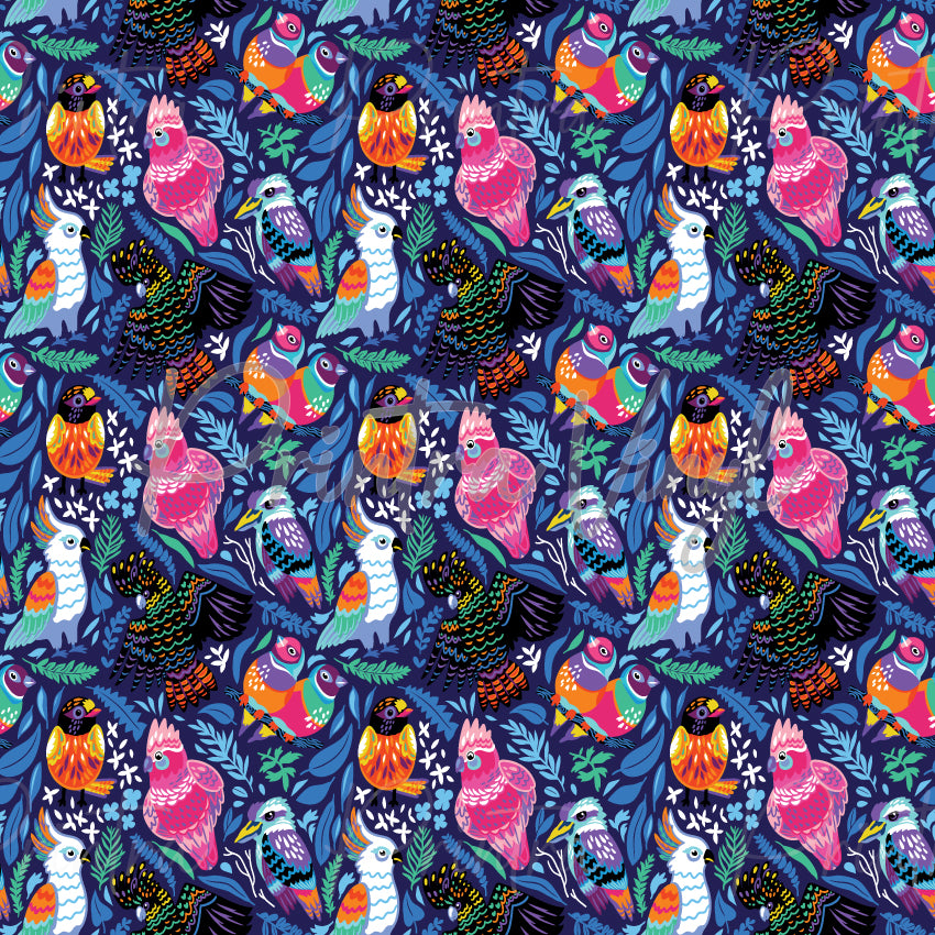 Aussie Bloom #04 patterned vinyl featuring colourful Australian native birds surrounded by eucalyptus leaves and botanical foliage in vibrant pink, teal, blue, orange and purple tones on a deep navy background.