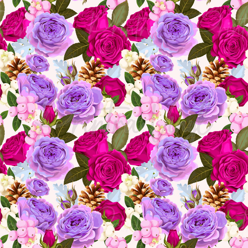 Beautiful Blooms #04 patterned vinyl featuring elegant lavender peonies, vibrant fuchsia roses, delicate berry clusters, pinecones, and lush green foliage arranged in a richly detailed floral design on a soft blush background.