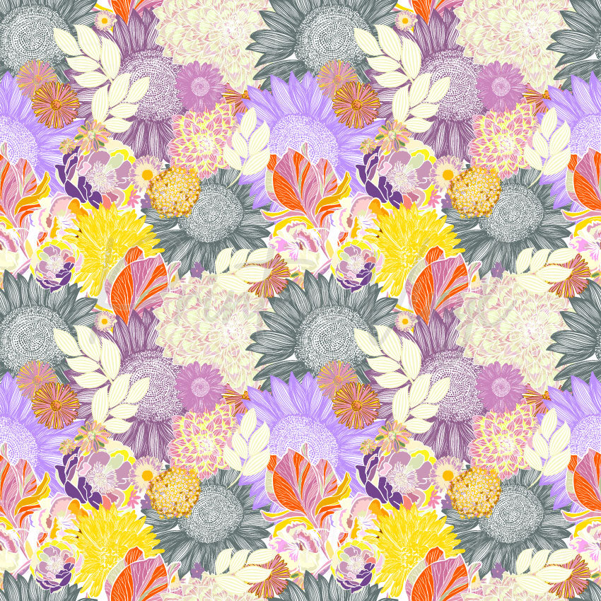 Floral patterned vinyl featuring layered sunflowers, chrysanthemums, dahlias and botanical leaves in lavender, yellow, pink, orange and grey tones, perfect for decals, tumblers, signs and craft projects.