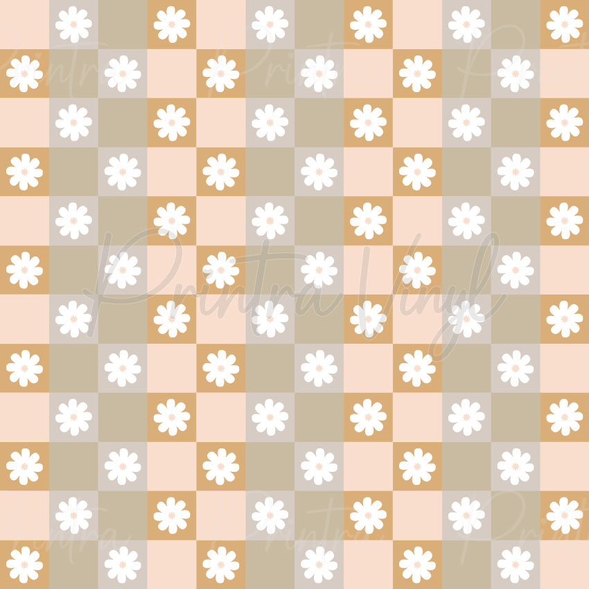 Beige Daisies #02 patterned vinyl featuring white daisy flowers on a neutral beige, tan and cream checkerboard background, creating a trendy retro floral design for decals, tumblers and craft projects.
