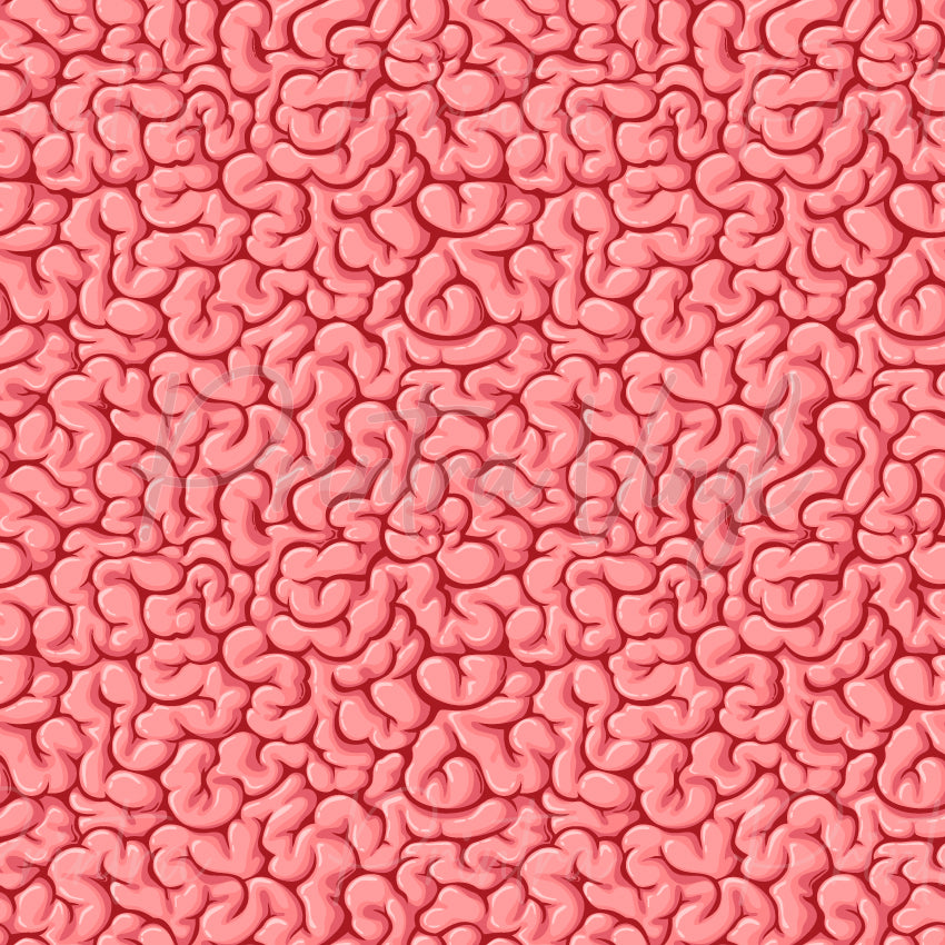 Pink Brain patterned vinyl featuring a dense collection of pink cartoon brain illustrations with glossy highlights, detailed folds, and realistic shading, creating a bold horror-inspired design with a playful twist.