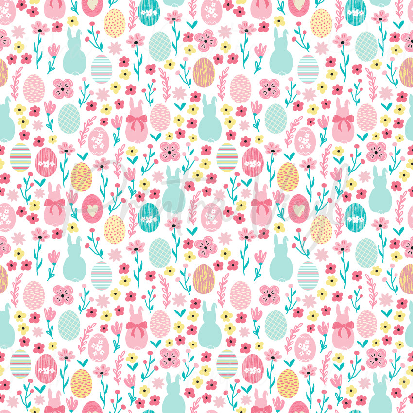 Bunny Meadow patterned vinyl featuring pastel Easter bunnies, decorated eggs, blooming flowers, butterflies, and leafy sprigs scattered across a soft white background in cheerful spring colours.