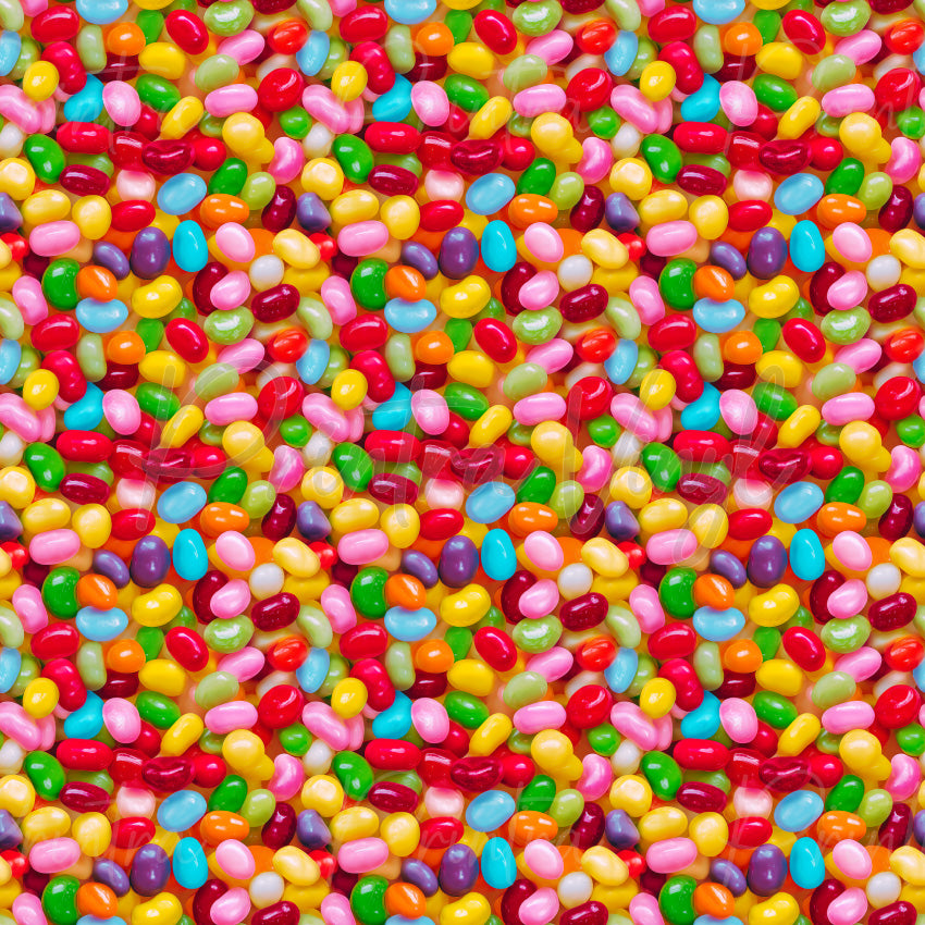 Candy Shop #02 patterned vinyl featuring colourful jellybeans in bright red, pink, yellow, green, blue, orange, and purple tones, layered into a vibrant candy-filled design with glossy confectionery textures.