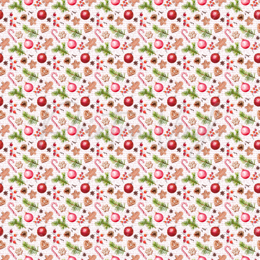 Christmas Cheer #04 patterned vinyl featuring festive Christmas ornaments, gingerbread people, candy canes, pine branches, pinecones, holly berries, star anise, and iced holiday cookies scattered across a vintage script background in traditional red, green, and brown tones.