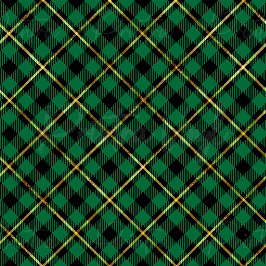 Christmas Plaid #04 patterned vinyl featuring an elegant tartan-inspired plaid design with rich Christmas green and black checks, accented by shimmering gold glitter-look lines that create a classic festive lattice pattern.