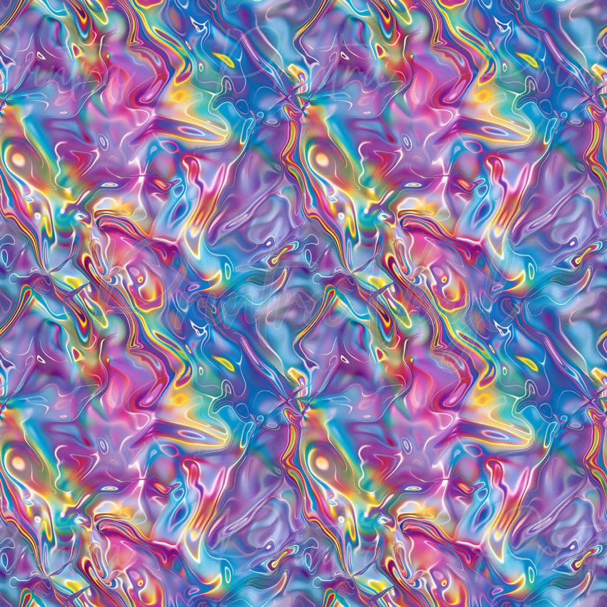 Chromatic Flow #02 patterned vinyl featuring fluid rainbow swirls in vibrant pink, blue, purple, yellow, and teal tones, with a glossy holographic-inspired finish and dynamic liquid movement.