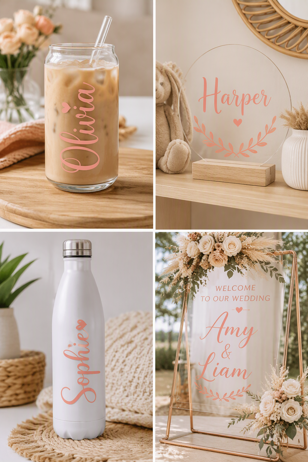 A four-panel collage showing personalized glassware and decor: an iced coffee in a clear mason-style jar with a straw, a clear acrylic sign reading Harper on a wooden shelf, a white insulated bottle with a silver cap and the name Sophie in Salmon Pink script, and a floral welcome sign with the names Amy & Liam in a gold frame.