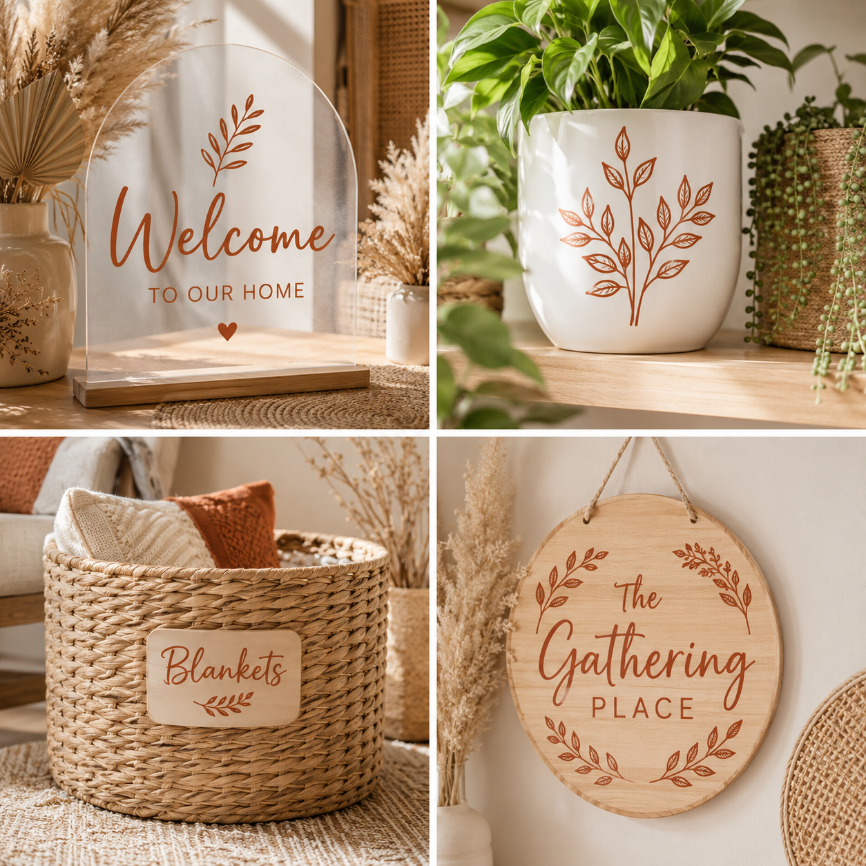 Collage of four items showcasing terracotta vinyl decals on a welcome sign, ceramic plant holder, blanket sign on a woven basket and an acrylic welcome sign.