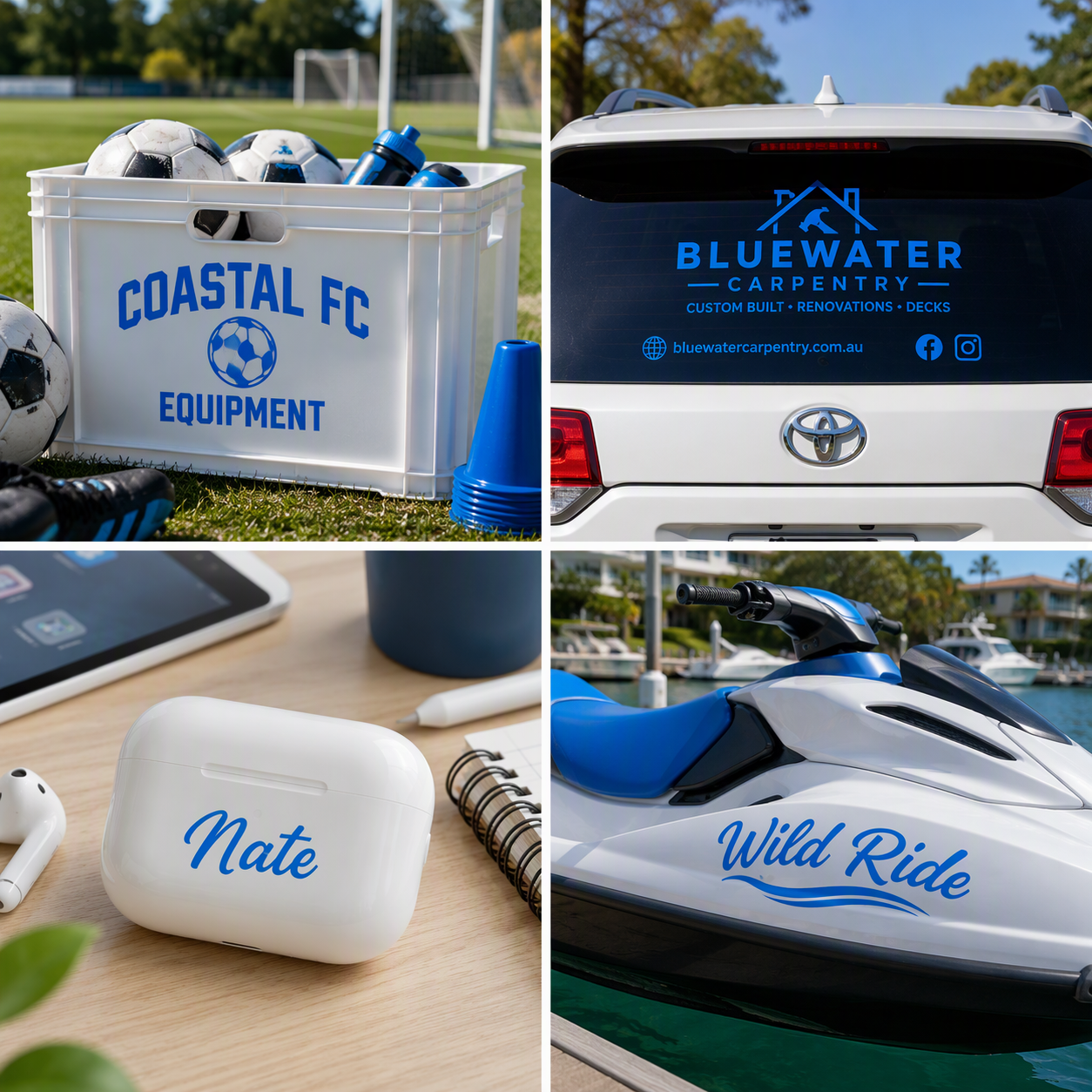 A four-panel collage showing custom bright blue gloss vinyl decals printed on various everyday items: a white crate labelled 'COASTAL FC EQUIPMENT', the back of a white Toyota vehicle with 'BLUEWATER CARPENTRY' branding, a white AirPods case with the name 'Nate' in blue script, and a white and blue jet ski with 'Wild Ride' written on the side.