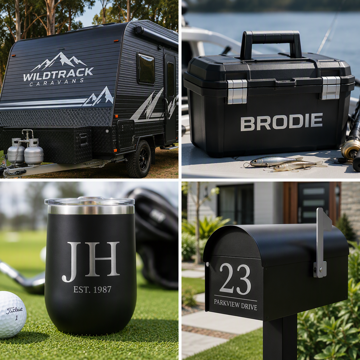 A four-panel collage showing customized black products with silver gloss adhesive vinyl: a Wildtrack Caravans travel trailer outdoors, a black hard case with 'BRODIE' engraved on it next to water, a black insulated tumbler with 'JH EST. 1987' engraved on a golf course, and a black mailbox with the address '23 PARKVIEW DRIVE' in a suburban setting.