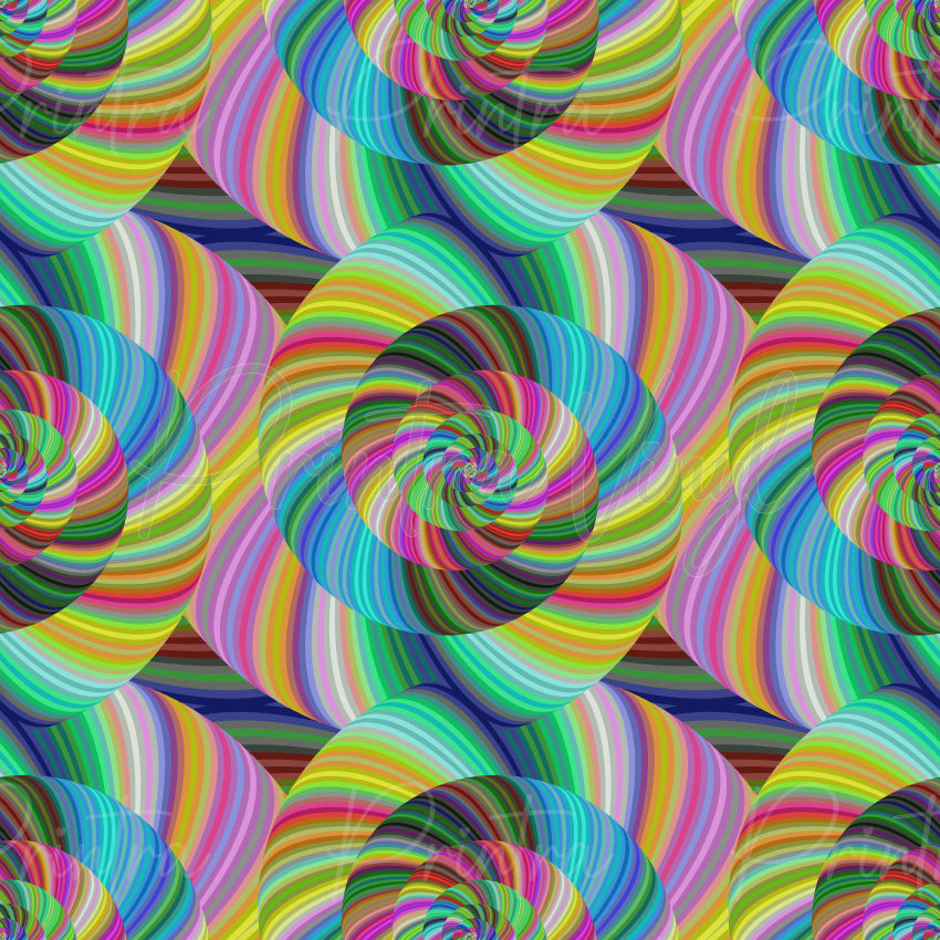 Colour Energy #03 patterned vinyl featuring flowing spiral ribbons of vibrant rainbow stripes in shades of hot pink, purple, aqua, turquoise, lime green, yellow, orange and blue, twisting into bold geometric swirls with a dynamic optical illusion effect.