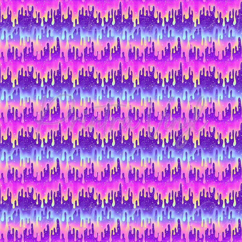 Cosmic Ooze patterned vinyl featuring glittering galaxy-inspired slime drips in vibrant shades of pink, purple, blue, and yellow, layered with sparkling cosmic textures and shimmering celestial details.