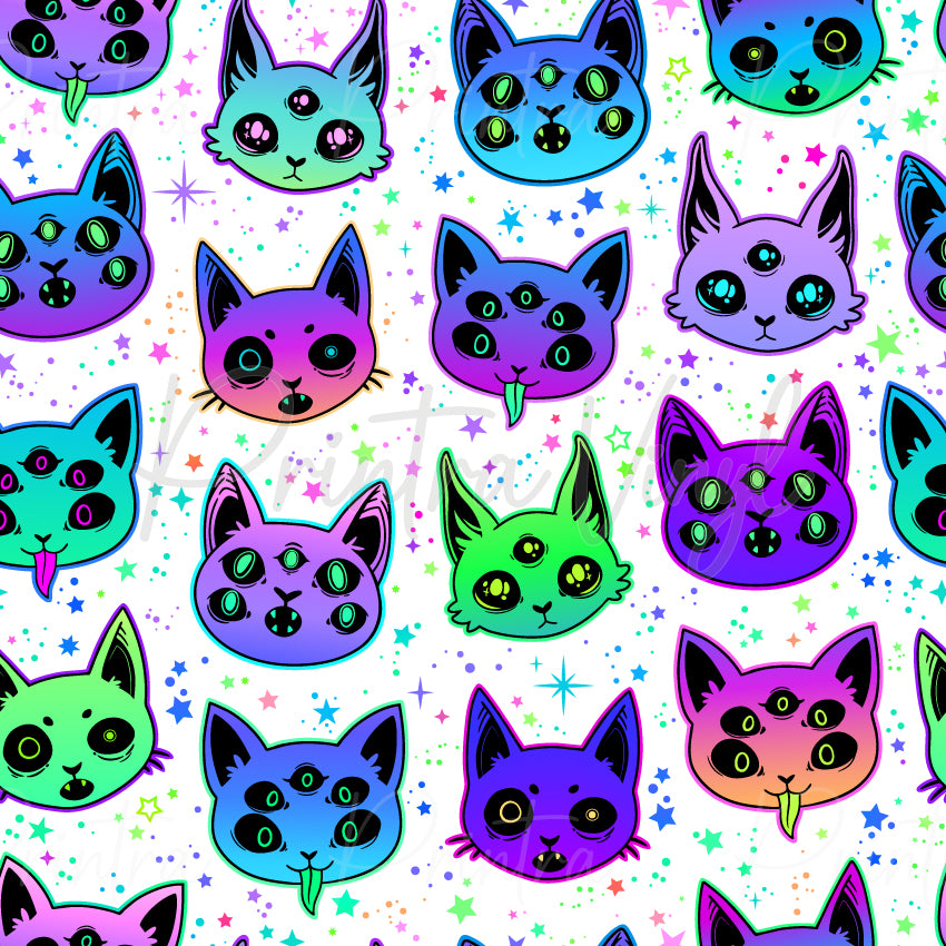 Creepy Cats #03 patterned vinyl featuring whimsical spooky cat faces in shades of purple, pink, aqua, blue and lime green, with extra eyes, third-eye details and playful mystical features, scattered across a white background with colourful stars, sparkles and celestial accents.