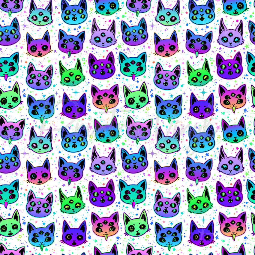 Creepy Cats #04 patterned vinyl featuring colourful spooky cat faces in vibrant shades of purple, pink, aqua, blue and lime green, with multiple eyes, third eyes and playful serpent tongues, scattered across a white background with pastel stars and mystical sparkles.