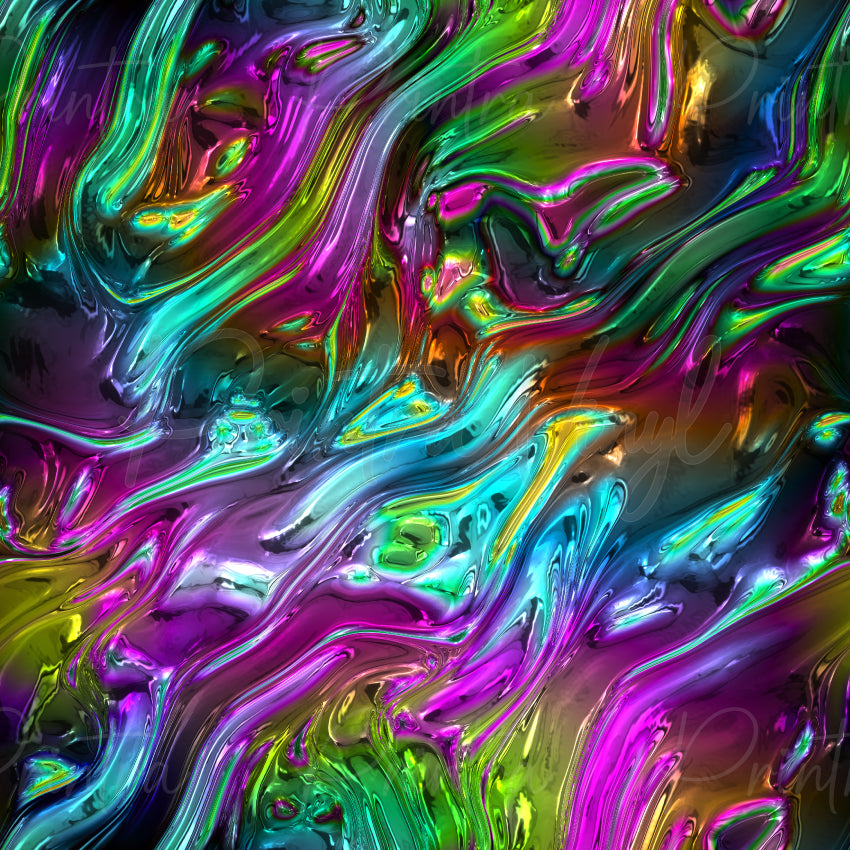 Crystal Glaze #02 patterned vinyl featuring flowing liquid-glass swirls in vibrant aqua, turquoise, lime green, magenta, purple and gold tones, layered with glossy metallic highlights and an iridescent molten crystal effect.