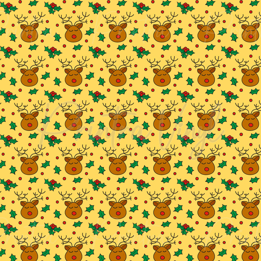 Cute Christmas #10 patterned vinyl featuring adorable reindeer faces with bright red noses, surrounded by holly leaves, holly berries, and festive red dot accents on a warm golden yellow background.