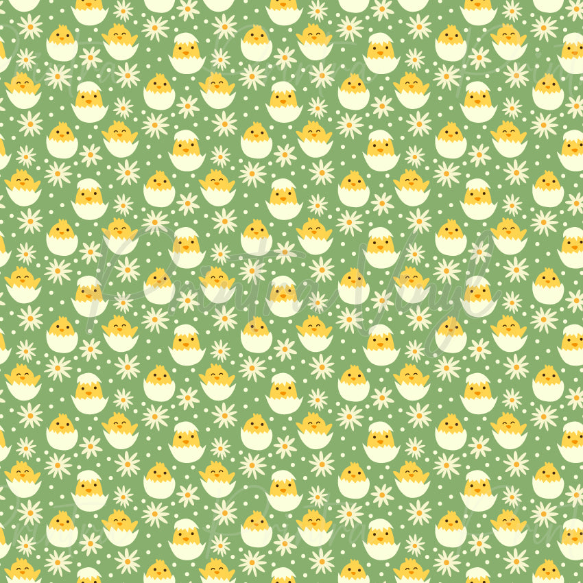 Daisy Chicks patterned vinyl featuring adorable yellow baby chicks hatching from eggshells, scattered among white daisy flowers and polka dots on a soft sage green background.