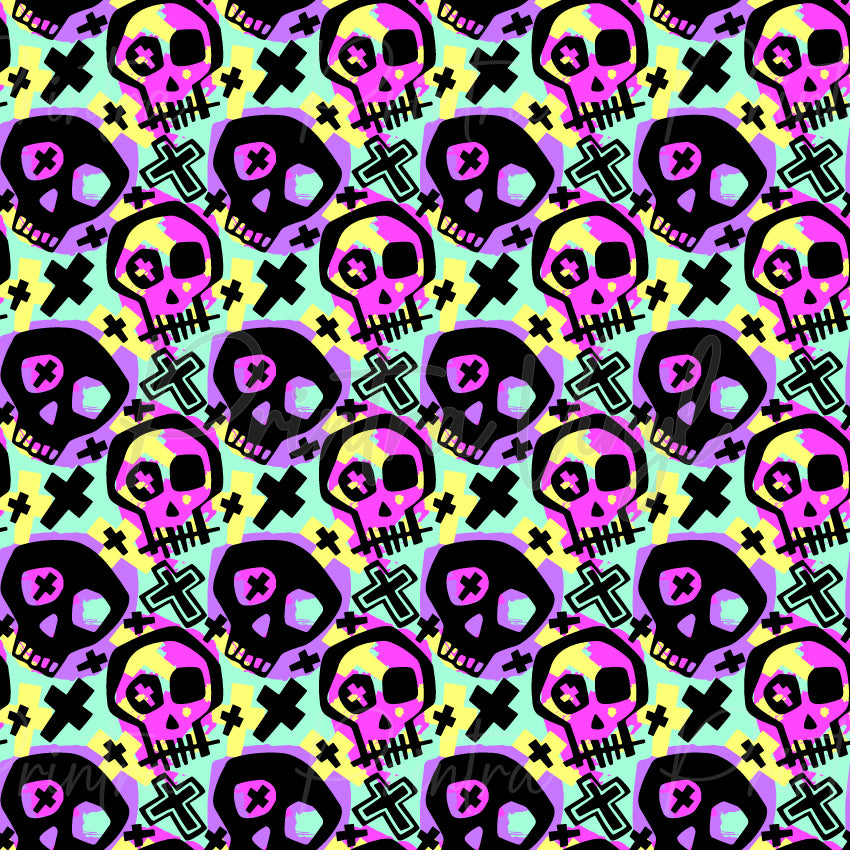 Dead Cool #01 patterned vinyl featuring bold neon skulls, crosses, and graphic symbols in vibrant pink, purple, mint green, yellow, and black tones, creating a playful punk-inspired design with a colourful spooky aesthetic.