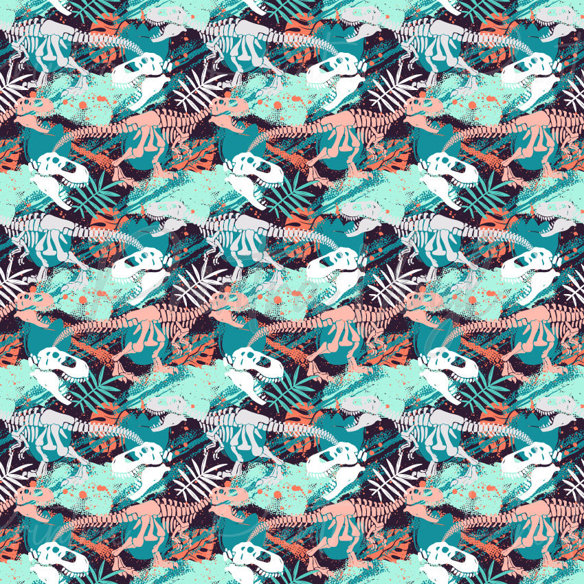 Dinosaurs #09 patterned vinyl featuring detailed dinosaur skeletons, fossil skulls, prehistoric bones, tropical foliage, and paint-splatter accents in teal, coral, and cream tones on a dark background.