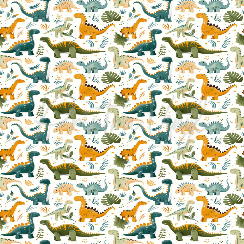 Dinosaurs #13 patterned vinyl featuring adorable cartoon dinosaurs including brontosaurus, stegosaurus, and ankylosaurus, surrounded by prehistoric plants, leaves, and botanical accents in soft green, teal, and mustard tones on a light background.