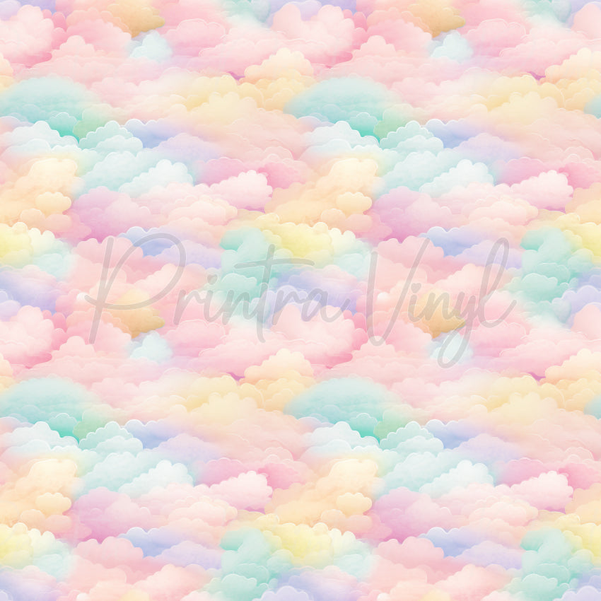 Dreamscapes #02 patterned vinyl featuring fluffy pastel clouds in soft pink, lavender, mint, aqua and buttery yellow tones, creating a dreamy rainbow sky design.