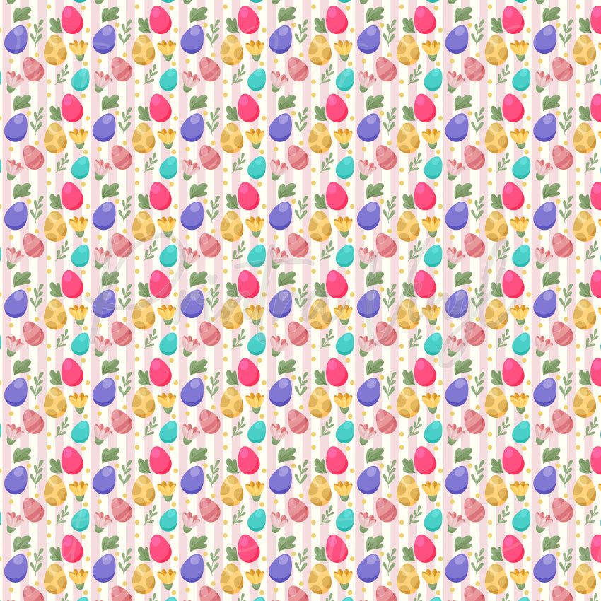 Easter Egg Patch patterned vinyl featuring colourful Easter eggs, spring flowers, leafy sprigs, and playful polka dots arranged in neat vertical rows on a soft cream background.