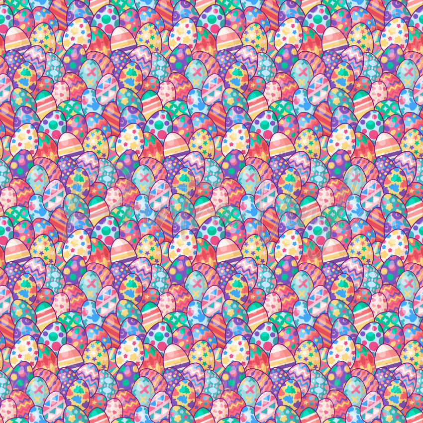 Eggsplosion patterned vinyl featuring a colourful collection of decorated Easter eggs with stripes, polka dots, florals, zigzags, and geometric designs in vibrant pink, purple, blue, teal, yellow, and orange tones.