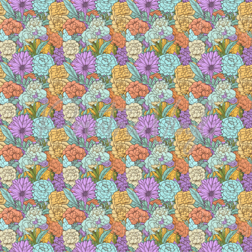 Flower Field #05 patterned vinyl featuring a dense meadow of illustrated blooms in soft lavender, peach, cream, yellow, and aqua tones, layered with leafy botanical details for a charming vintage-inspired floral design.