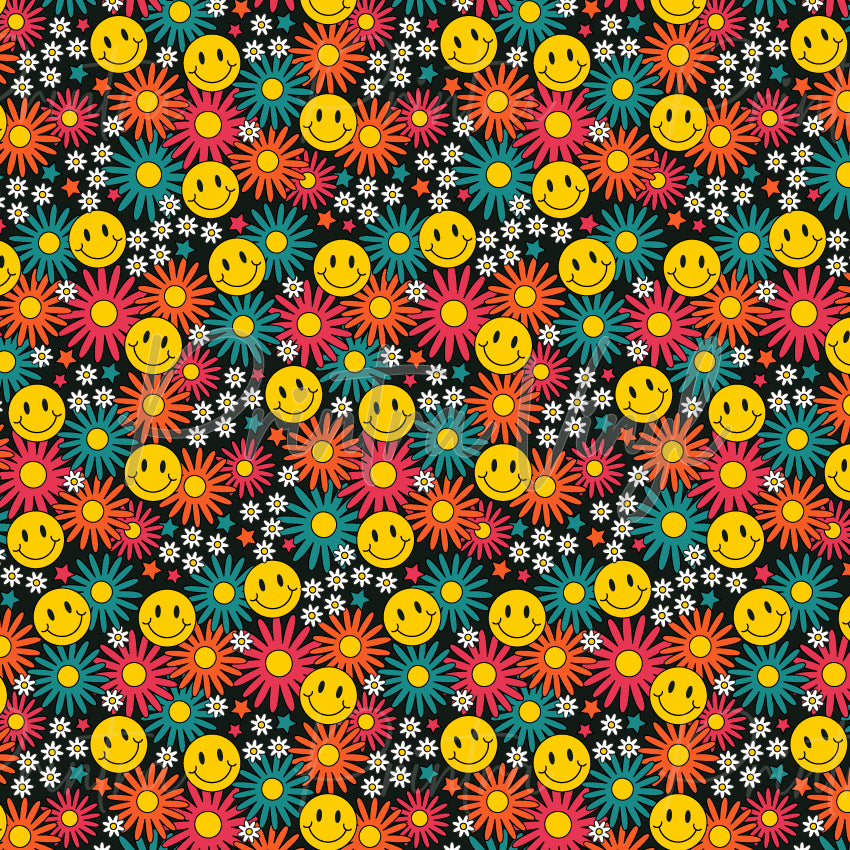 Flower Power #03 patterned vinyl featuring cheerful yellow smiley faces surrounded by vibrant retro daisies in shades of orange, pink, teal, yellow and white, scattered across a bold black background with tiny floral accents and stars.
