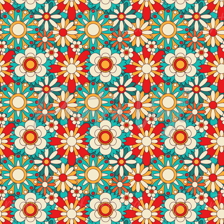 Flower Power #05 patterned vinyl featuring retro-inspired floral blooms in shades of turquoise, teal, cream, orange, mustard yellow and bright red, layered into a dense 1970s-style flower power design with bold petals and repeating botanical motifs.