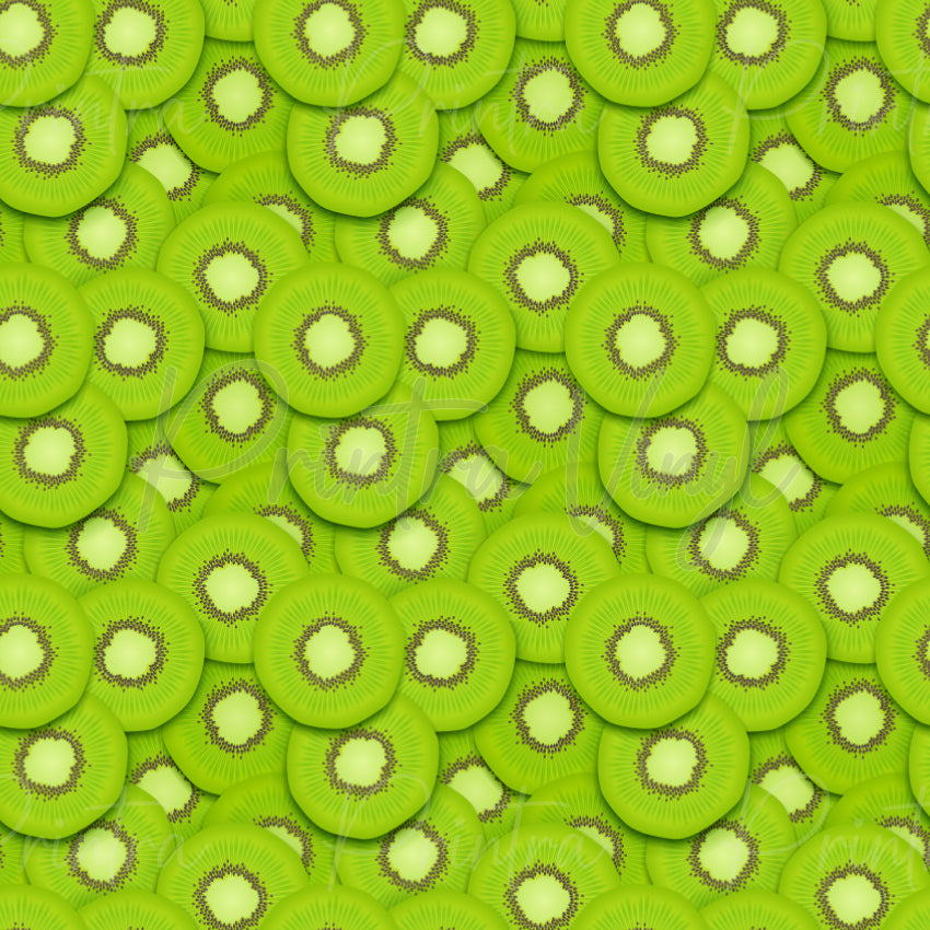 Fruit Slice #02 patterned vinyl featuring overlapping kiwi slices in vibrant lime green and kiwi green tones, layered into a juicy all-over fruit design with detailed seed rings and realistic citrus-inspired textures.