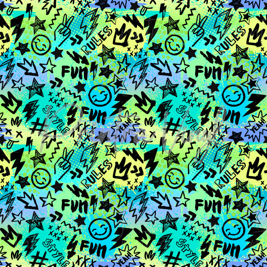Fun Rules patterned vinyl featuring a vibrant graffiti-inspired doodle design with stars, lightning bolts, smiley faces, peace signs, crowns, arrows, comic-style text, and sketchy street-art elements in bright blue, lime green, black, and teal tones.