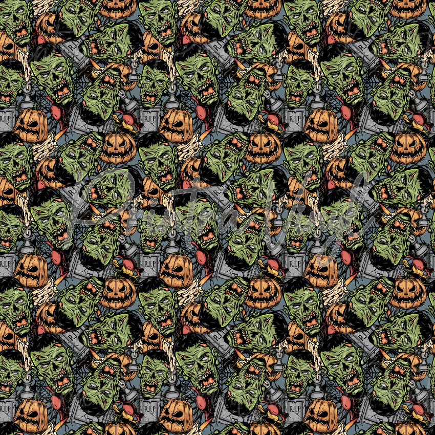 Graveyard Zombies patterned vinyl featuring a spooky collage of green zombie faces, carved jack-o'-lantern pumpkins, gravestones, bones, chains, and graveyard-inspired Halloween elements layered across a dark background for a bold horror-themed design.