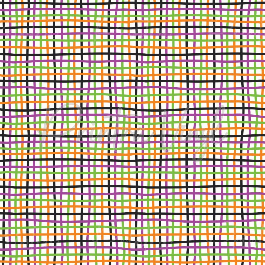 Halloween Essentials #03 patterned vinyl featuring a colourful Halloween plaid design with hand-drawn intersecting lines in orange, purple, lime green, and black on a crisp white background, creating a playful seasonal look.