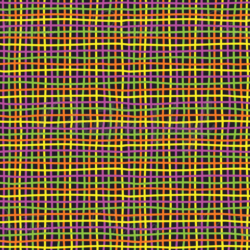 Halloween Essentials #04 patterned vinyl featuring a vibrant Halloween plaid design with hand-drawn intersecting lines in orange, purple, lime green, and bright yellow layered over a black background for a bold spooky-season look.