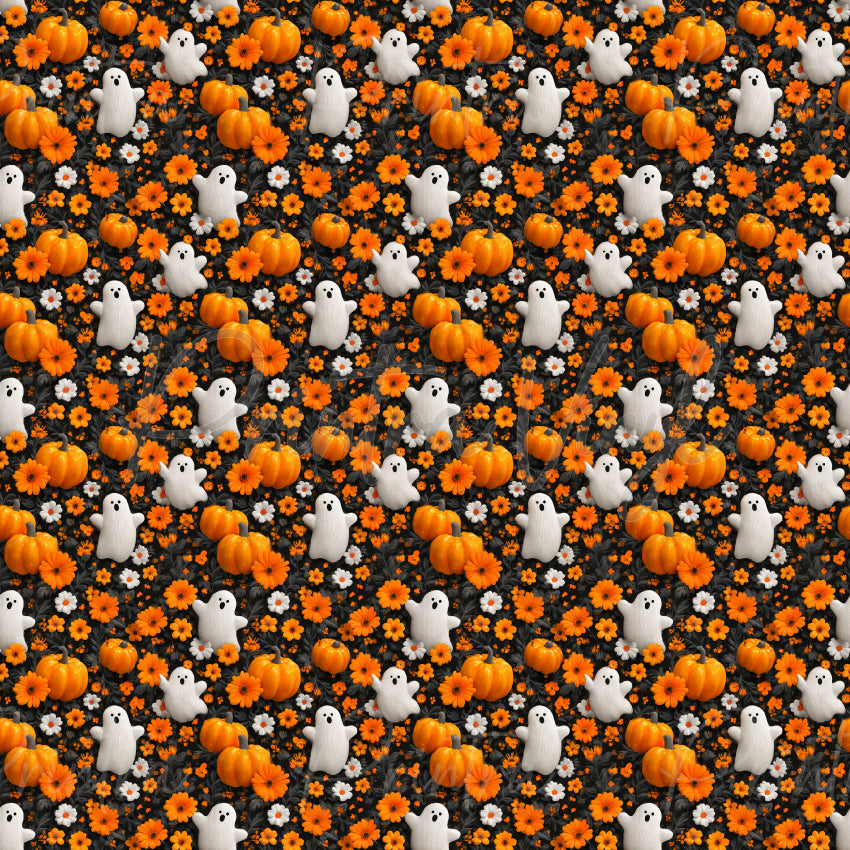 Haunted Harvest #01 patterned vinyl featuring adorable white ghosts, bright orange pumpkins, and scattered autumn flowers layered over dark foliage for a charming Halloween-inspired design.