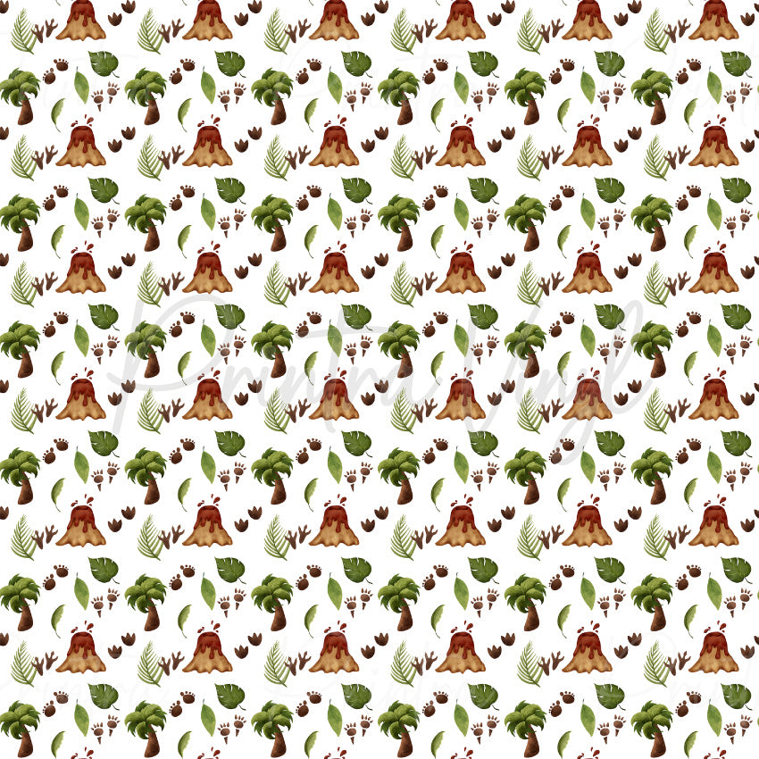 Jurassic Jungle patterned vinyl featuring prehistoric volcanoes, dinosaur footprints, tropical palm trees, jungle leaves, and fossil-inspired accents scattered across a clean white background.
