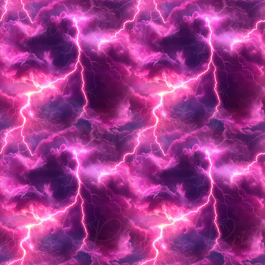 A seamless pattern featuring vibrant pink and purple lightning bolts striking through dramatic storm clouds.