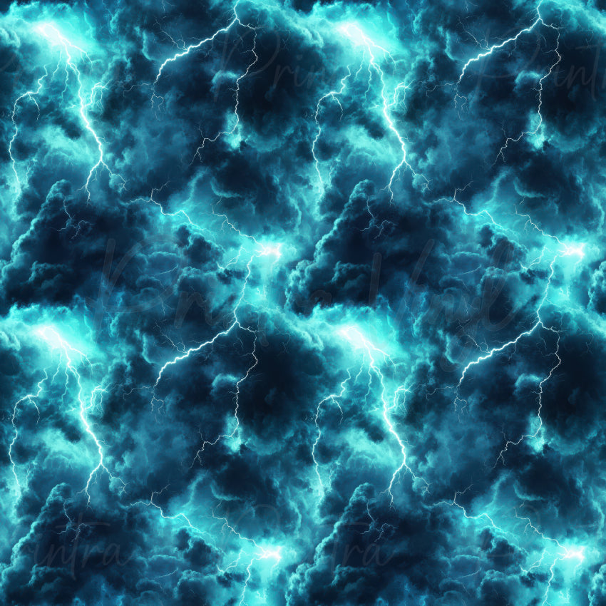 A seamless pattern featuring vibrant blue and cyan lightning bolts striking through dark, dramatic storm clouds.