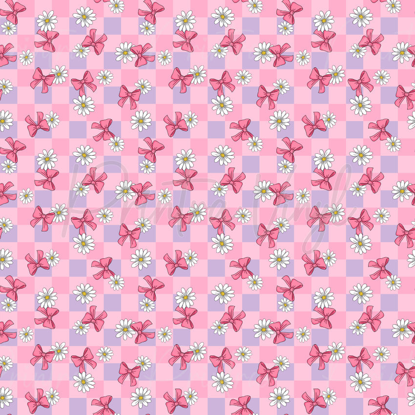 Little Bow Bliss patterned vinyl featuring sweet pink ribbon bows and white daisy flowers scattered across a pastel pink and lavender checkerboard background, creating a charming coquette-inspired design.
