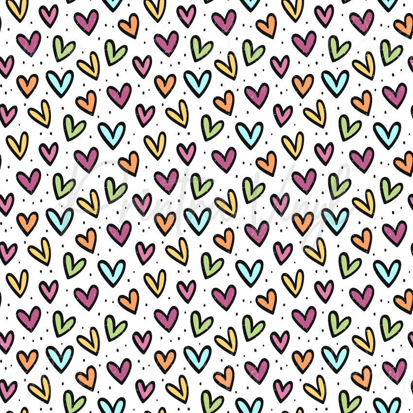 Love Hearts #01 patterned vinyl featuring hand-drawn hearts in shades of pink, purple, aqua, lime green, yellow and orange, scattered across a white background with playful black doodle outlines and speckled details.