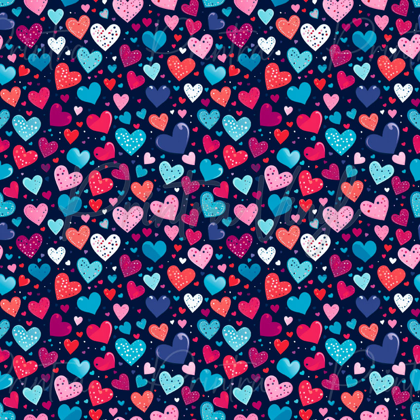 Love Hearts #02 patterned vinyl featuring scattered hearts in shades of aqua, turquoise, navy, coral, hot pink and blush pink, layered with dotted details and tiny heart accents on a deep navy background.