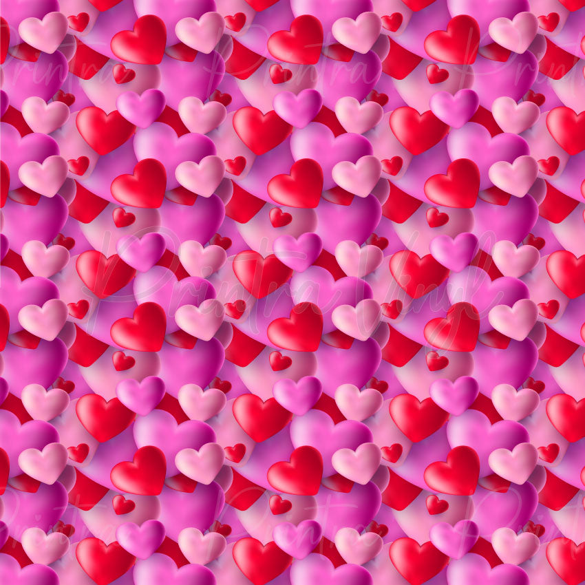 Love Hearts #03 patterned vinyl featuring layered glossy hearts in shades of red, hot pink, blush pink and magenta, overlapping across a vibrant pink background with scattered mini heart accents and a playful Valentine's-inspired design.