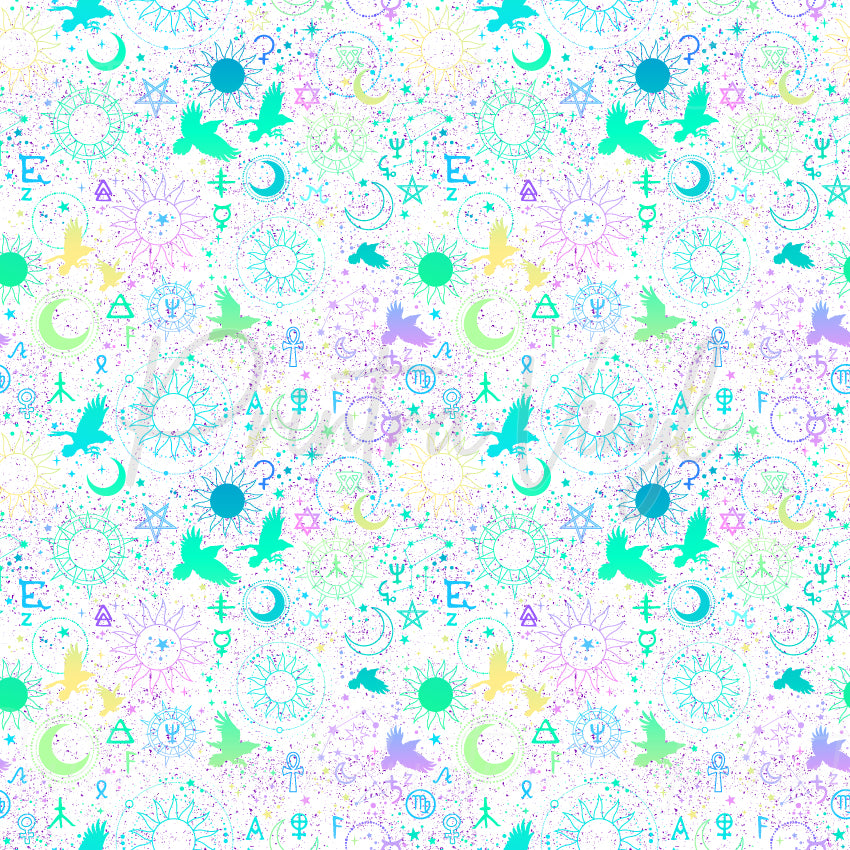 Magical Alchemy #02 patterned vinyl featuring mystical celestial symbols, crescent moons, radiant suns, flying ravens, stars and alchemy-inspired icons in soft aqua, mint green, lavender, sky blue and pale gold, scattered across a white background with delicate pastel speckle details.