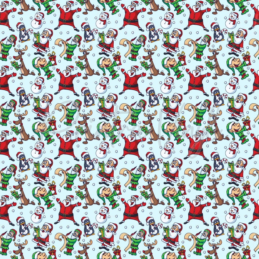 Merry Christmas #11 patterned vinyl featuring playful Christmas characters including Santa Claus, elves, reindeer, snowmen, penguins, candy canes, gift boxes, and festive scrolls scattered across a soft icy blue background with falling snow details.
